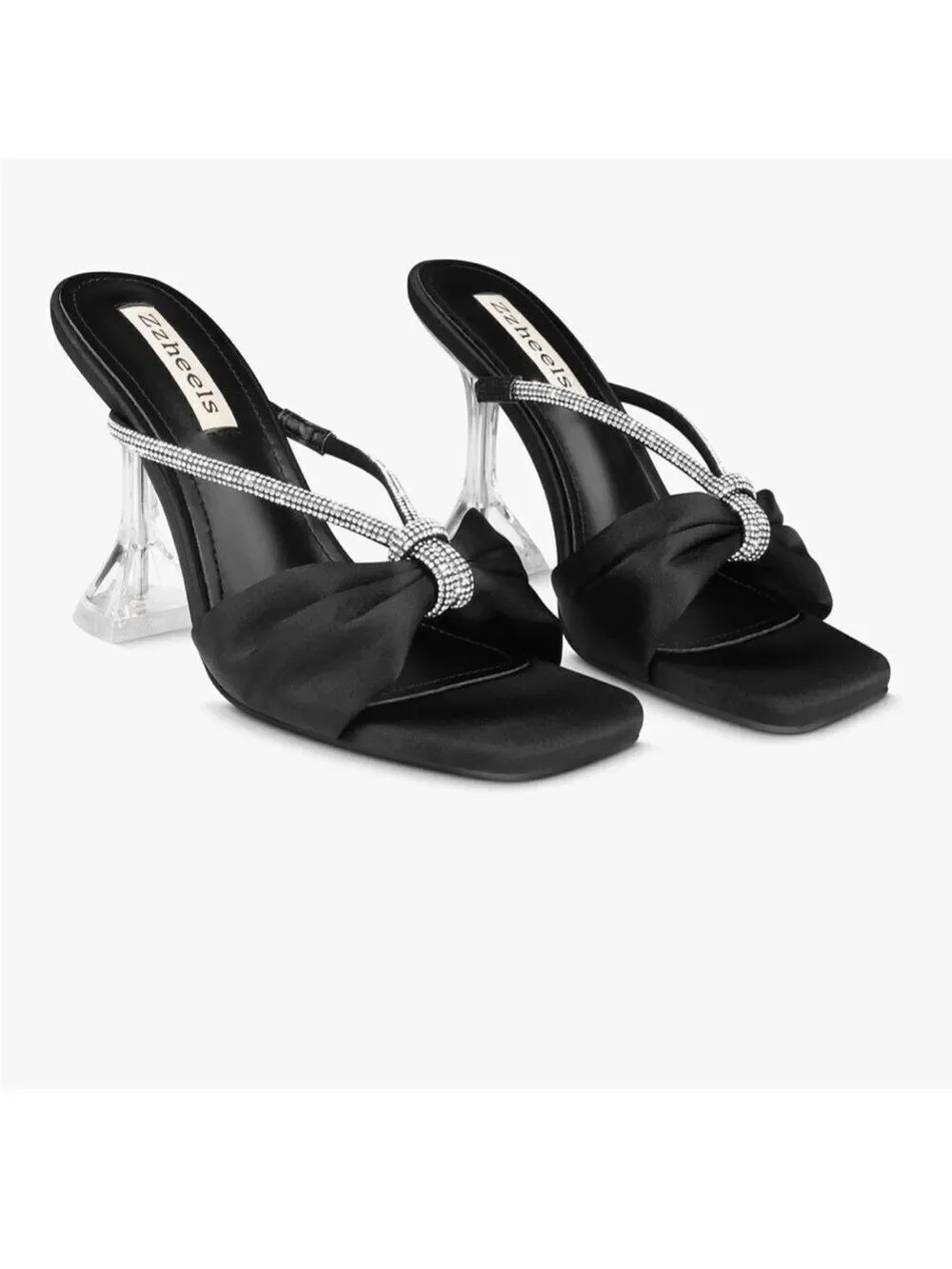 Zzheels Rhinestone Bow Heels Square Toe Slip On Sandals
